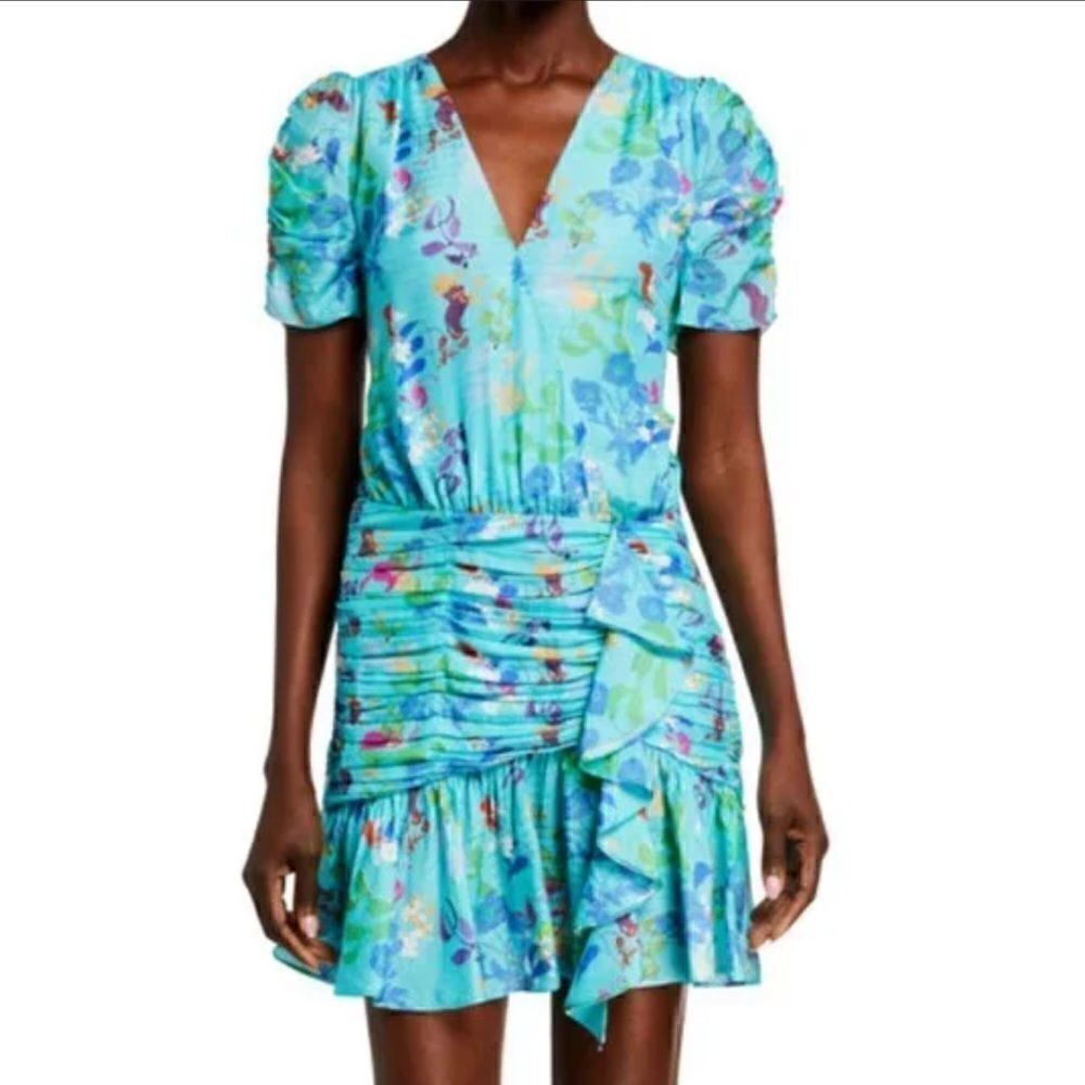 NWT Tanya Taylor Zora Ruched V-Neck Floral Turquoise Mini Dress Size 2